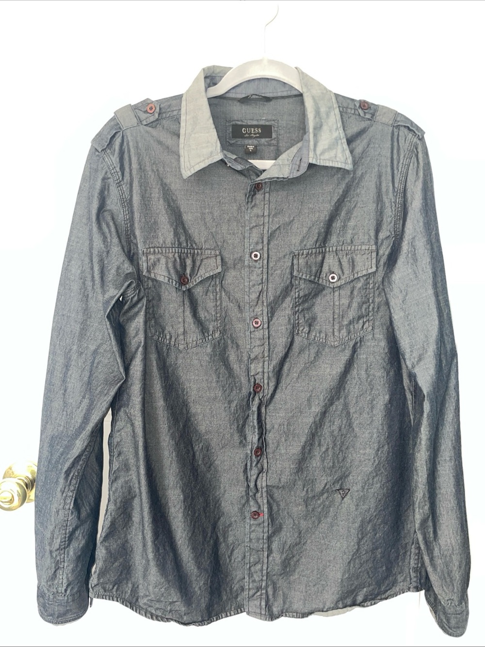 GUESS Men's Long-Sleeve Chambray Button-Up Shirt - blue